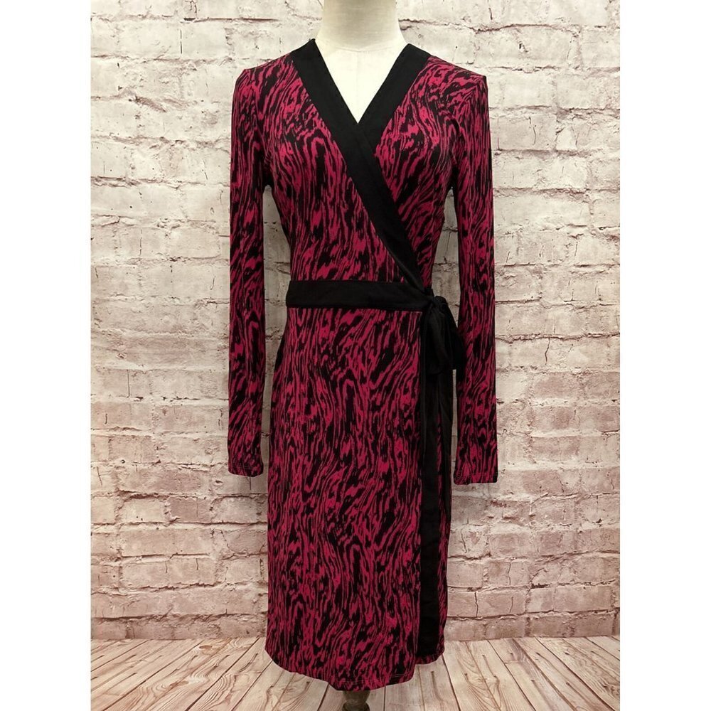LEOTA Womens Faux Wrap Dress KARA Zebra Vivacious Pink Black Jersey Knit - Small